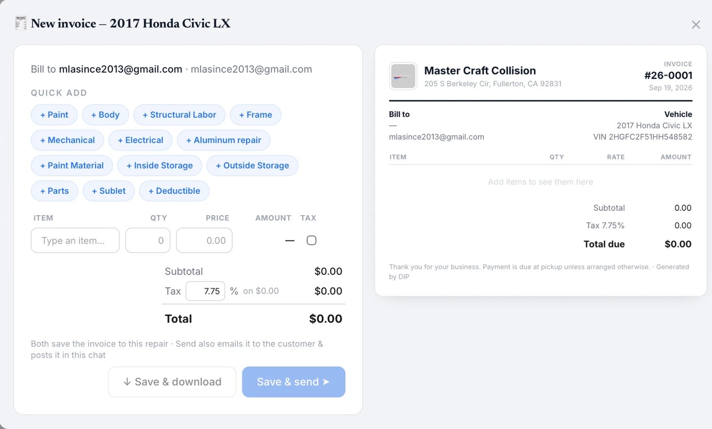 The invoice builder with quick-add items and a live preview