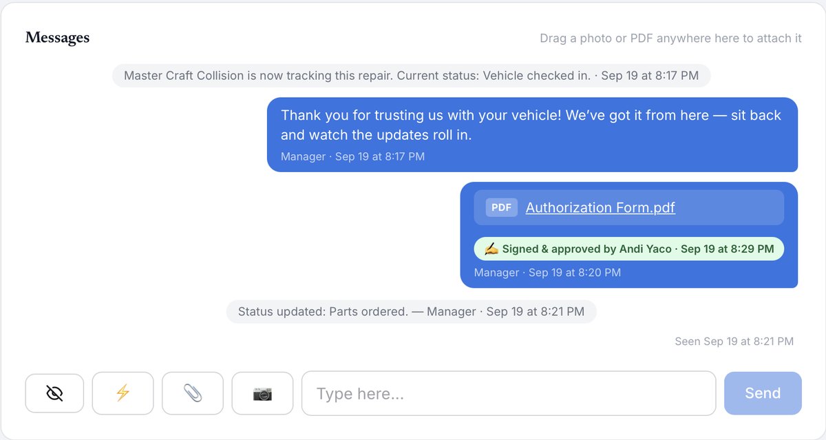 Messages thread showing a signed and approved authorization form