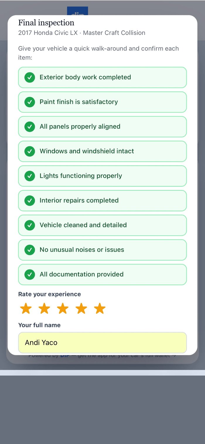 Final inspection checklist with star rating